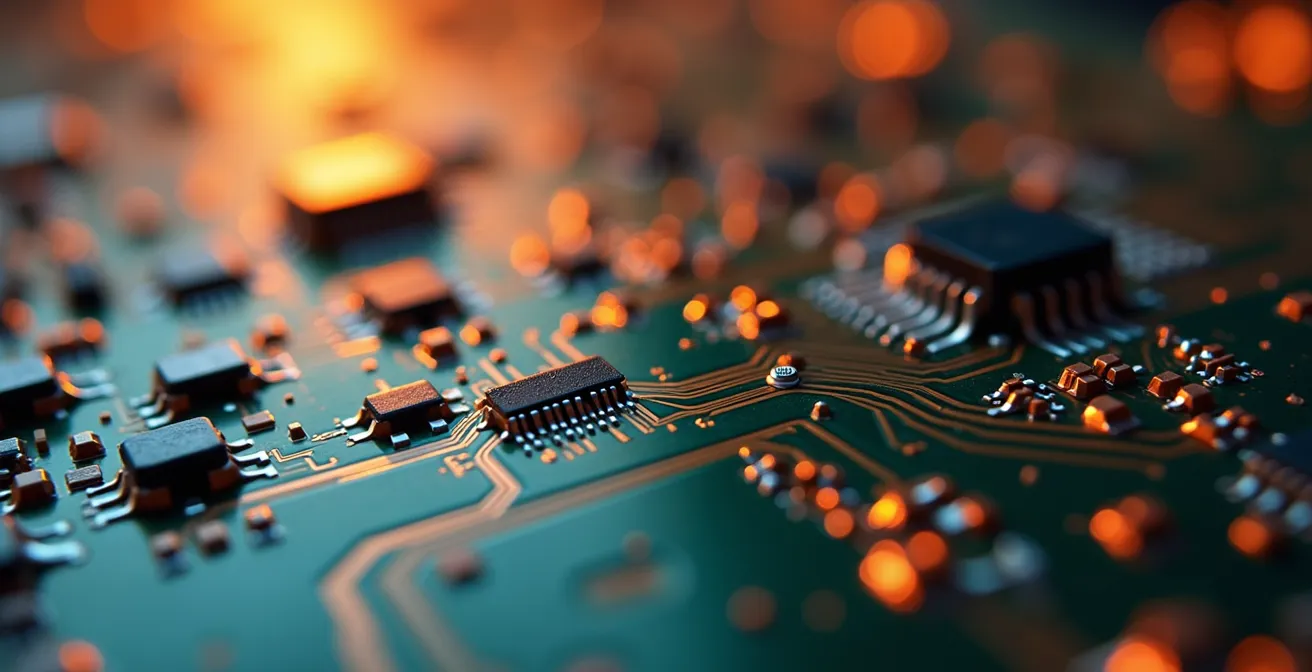 Détail macro d'un circuit imprimé avec des reflets lumineux