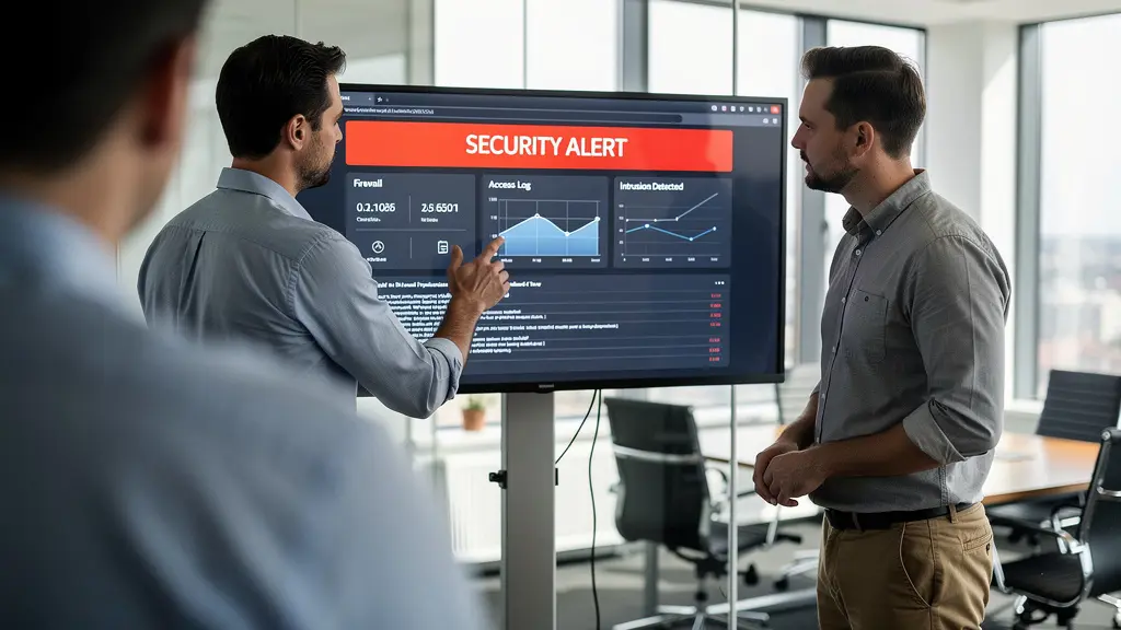 Deux professionnels IT analysant une alerte de sécurité sur écran pour protéger transferts fichiers