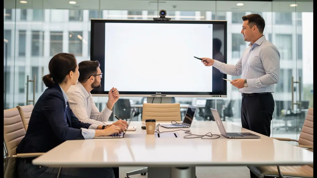 Formateur présentant solution de transfert sécurisé à groupe de professionnels en salle de formation