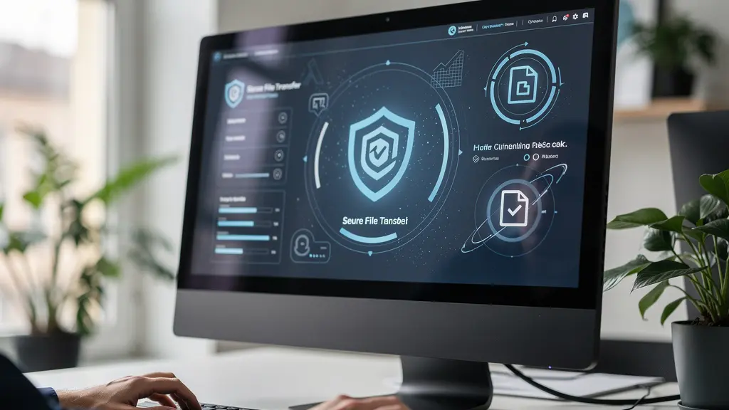 Écran d'ordinateur affichant interface de transfert sécurisé avec chiffrement en environnement professionnel