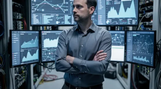 Professionnel IT surveillant des écrans de sécurité dans un datacenter moderne pour transfert fichiers sécurisé